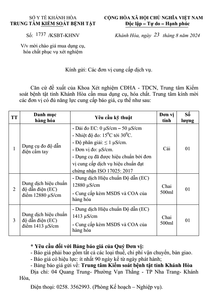 Mời chào giá mua dụng cụ, hóa chất phục vụ xét nghiệm